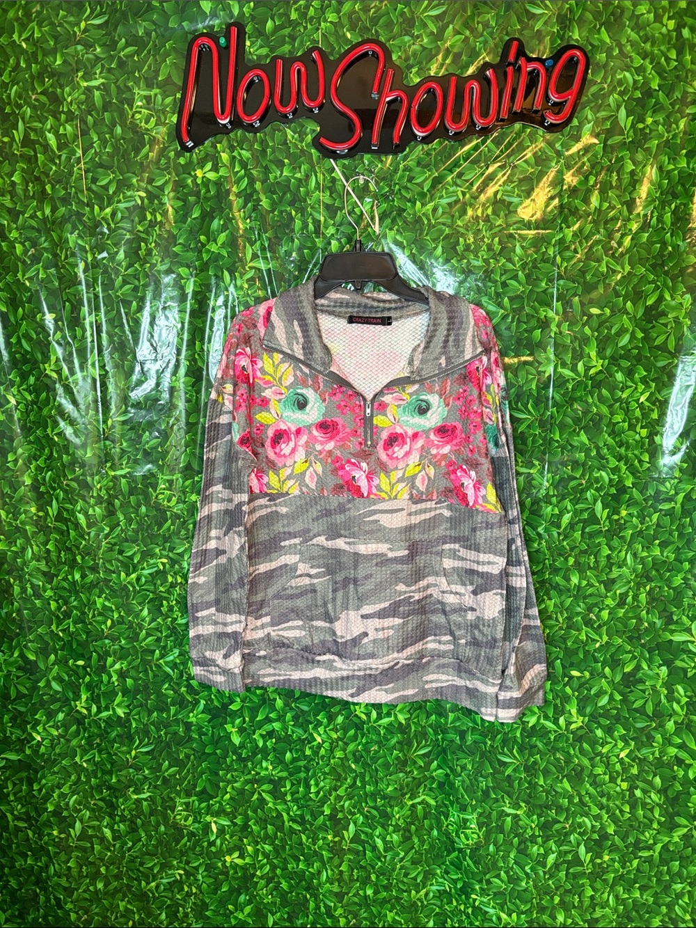 Crazy Train Gray Camo Half-Zip Pullover with Pink Floral